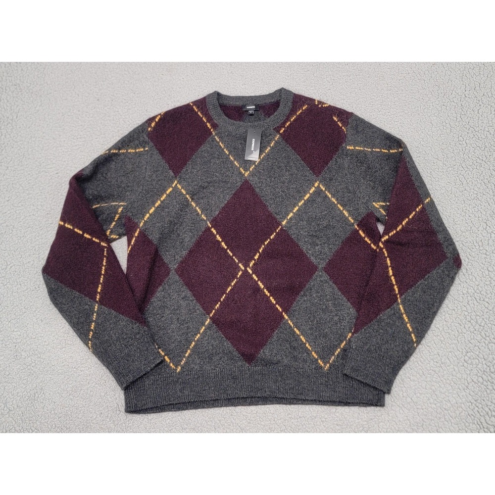 Express Sweater Mens Medium Gray Burgundy‎ Argyle Fuzzy Knit Crewneck Pullover